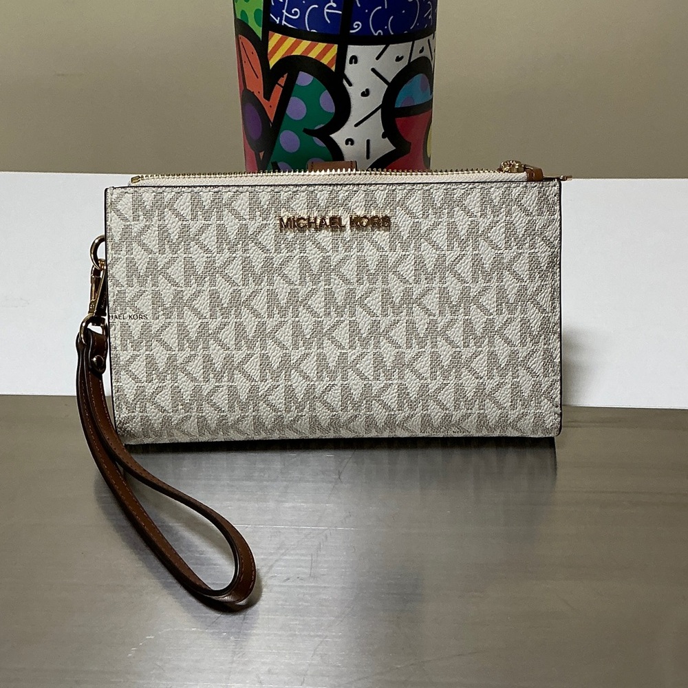 Michael Kors Monogram Beige Wristlet Clutch
